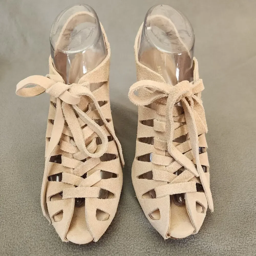 LOEFFLER RANDALL Vivian Lace Up Wedge Sandal  Size 7.5B Natural Tan‎ Slingback - Picture 7 of 15